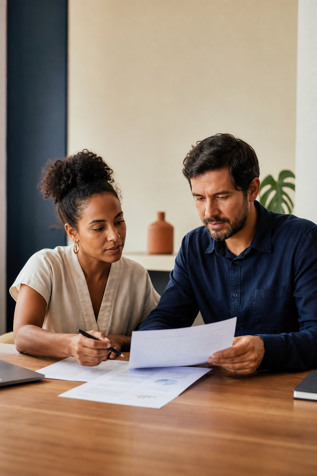 Consultora e empresário analisando documentos financeiros em conjunto
